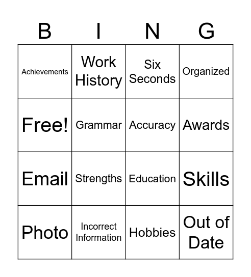 Resume Building Bingo Card