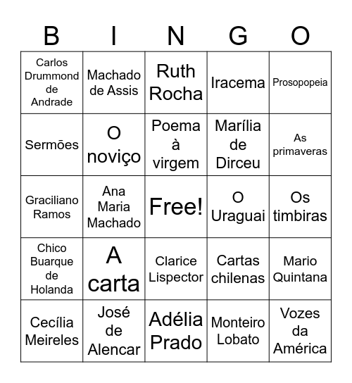 bingo literário Bingo Card