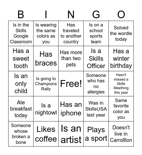 SkillsUSA Ice Breaker Bingo Card