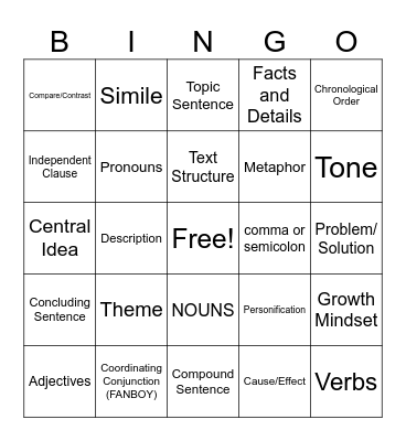 Language Arts Bingo Card