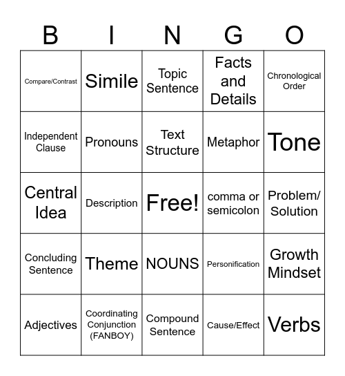 Language Arts Bingo Card