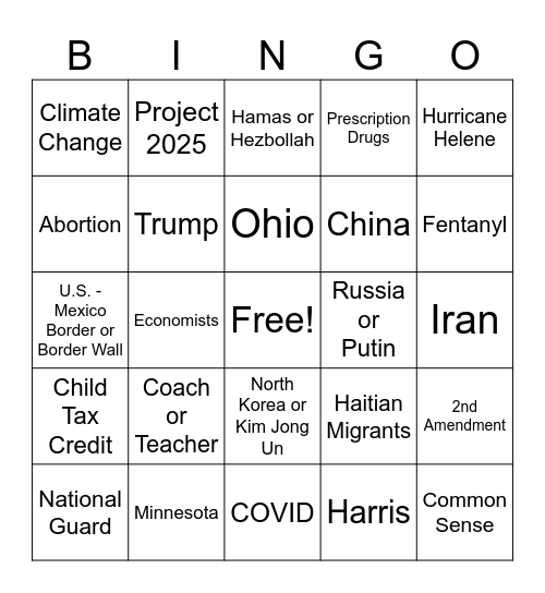 VP Debate Bingo Card