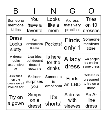 Dress Shopping! Bingo Card