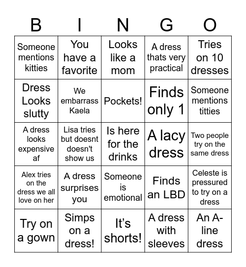 Dress Shopping! Bingo Card