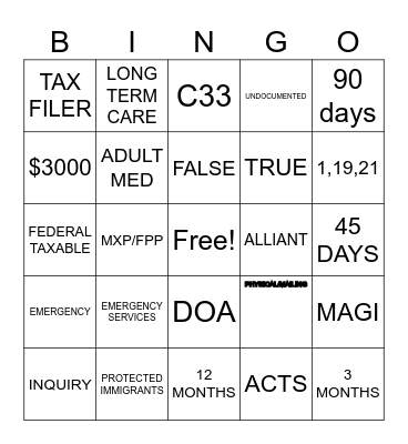 Family and Children Medicaid Bingo Card