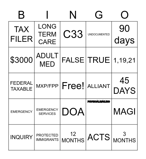 Family and Children Medicaid Bingo Card