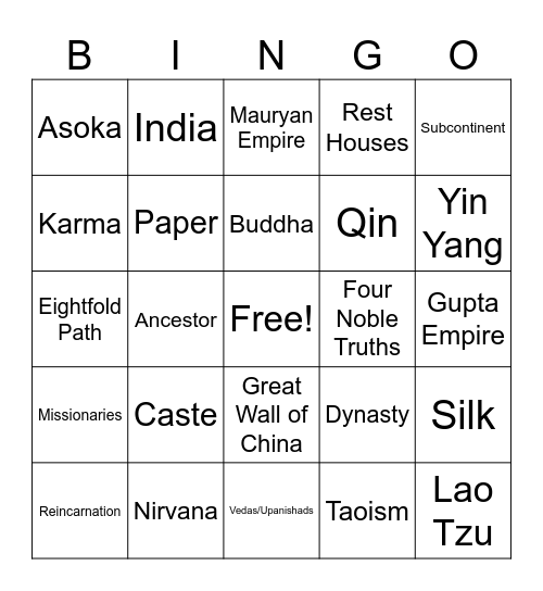 Ancient Civilizations: China/India Bingo Card