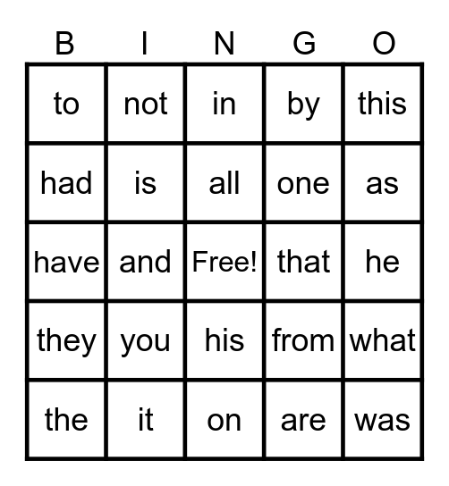 Grade 1 Sight Words Bingo Card