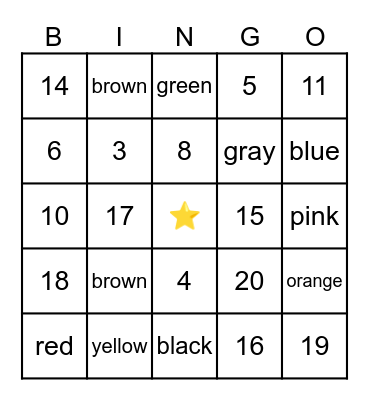 Colors and numbers 0-20 Bingo Card