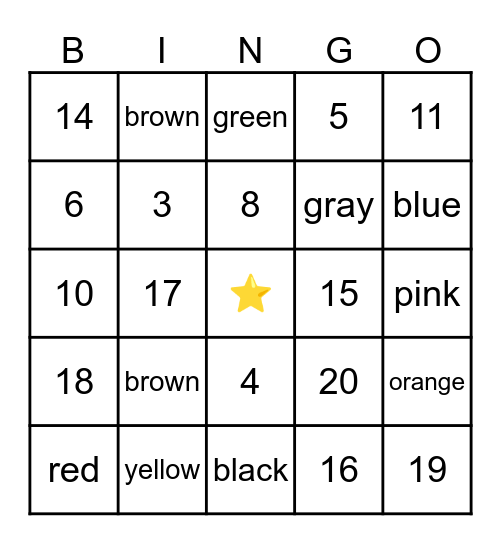 Colors and numbers 0-20 Bingo Card