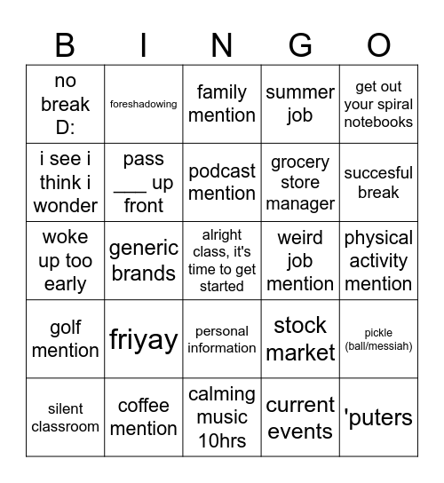 McGinley Bingo Card