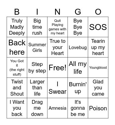 Boy Bands Bingo Card