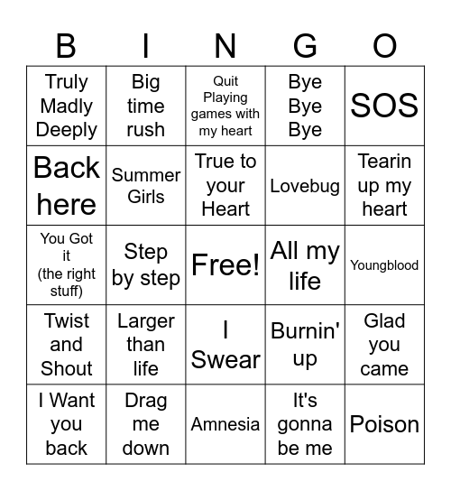 Boy Bands Bingo Card