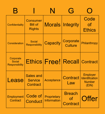Chapter 3: Business Law and Ethics Bingo Card