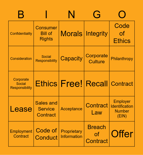 Chapter 3: Business Law and Ethics Bingo Card