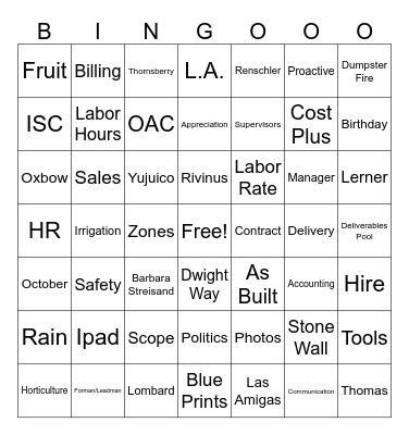 Oxbow Bingo Card