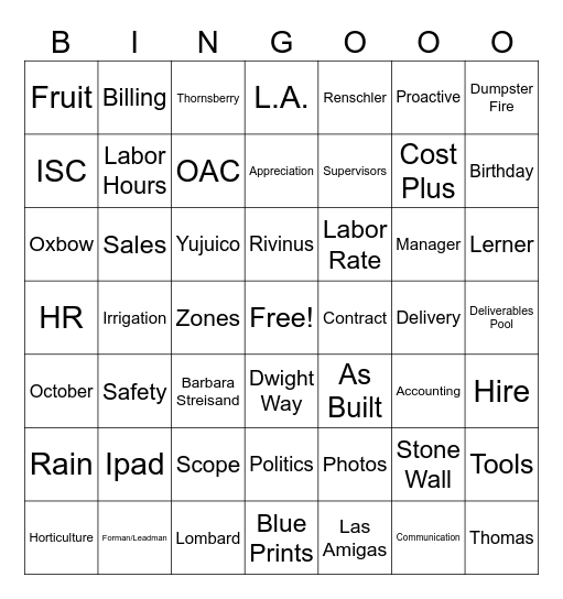 Oxbow Bingo Card