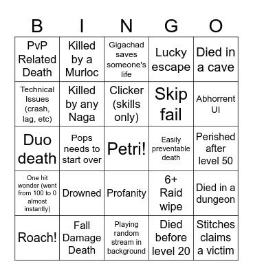 Hardcore Classic Bingo Card