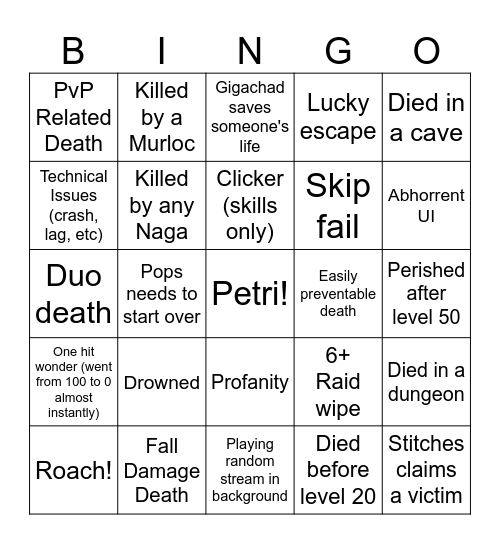 Hardcore Classic Bingo Card