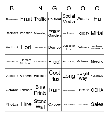 Oxbow Bingo Card