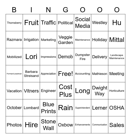 Oxbow Bingo Card
