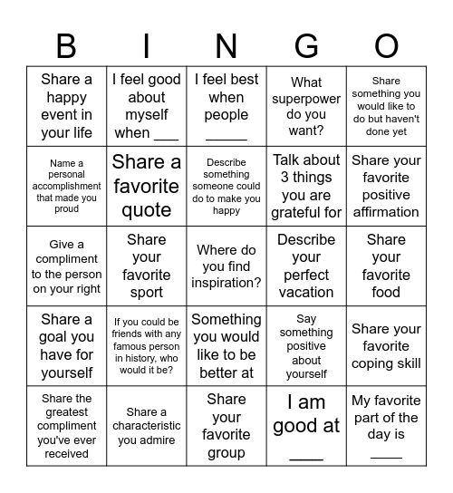 Positive conversation Bingo Card