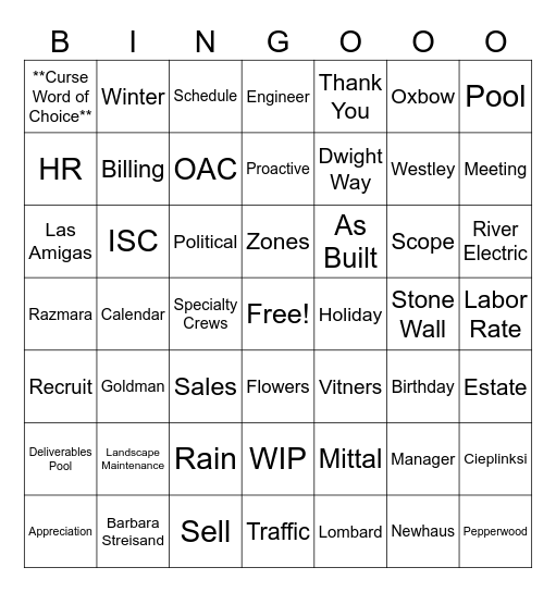 Oxbow Bingo Card
