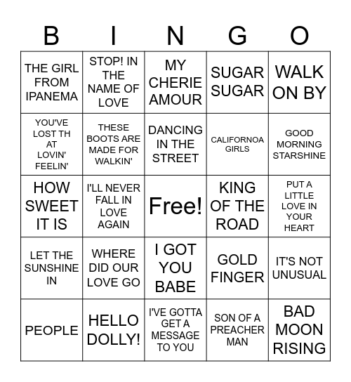 60'S MUSIC Bingo Card