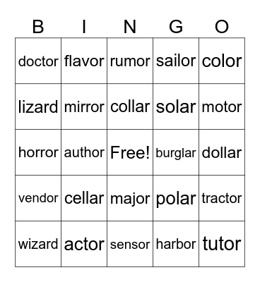 Lesson 111: /er/ ar, or Bingo Card