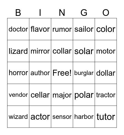 Lesson 111: /er/ ar, or Bingo Card