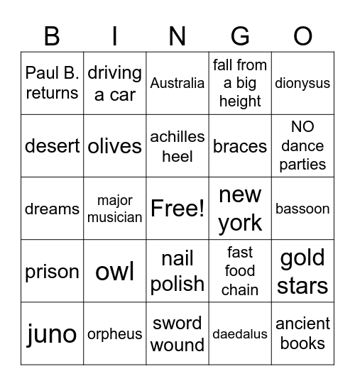 YABG The Mark of Athena Bingo Card