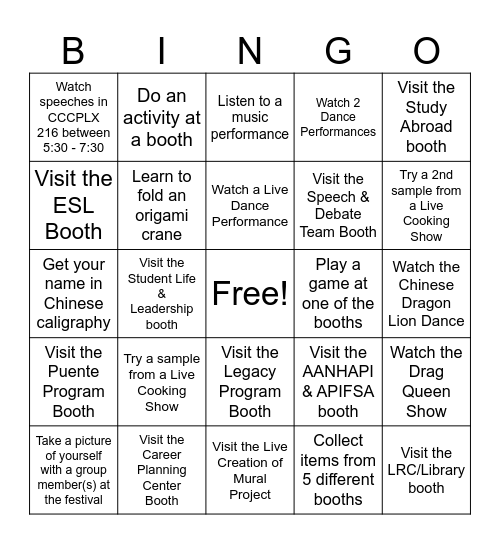 International Cultural Festival 2024 Bingo Card