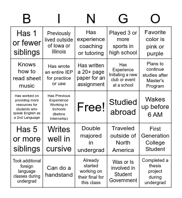 Get To Know You Bingo Card