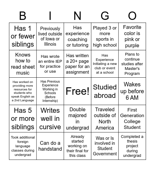 Get To Know You Bingo Card