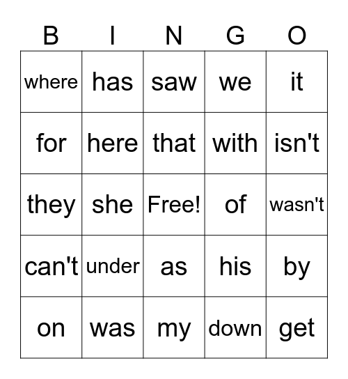 Sight Word Bingo Card