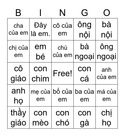 Gia Đình- Thú cưng- Bingo Card