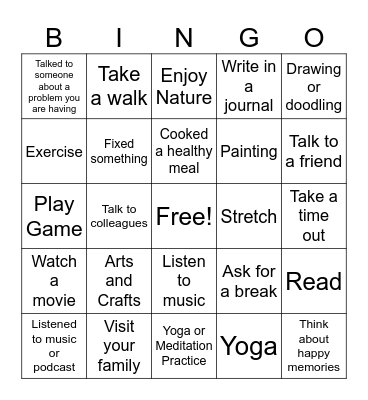 Stress Management Bingo Card