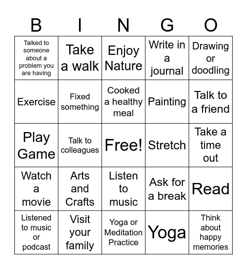 Stress Management Bingo Card