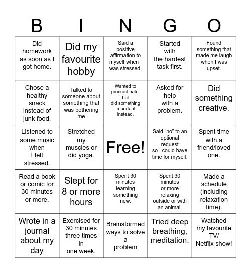 Mental Health Bingo Card