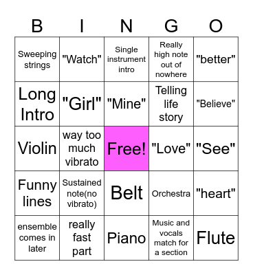 Musical Theater Ballad Bingo Card