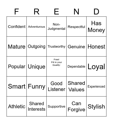 Friendship Bingo Card