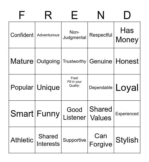 Friendship Bingo Card