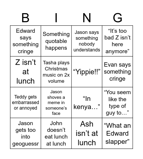 Lunch Bingo Card