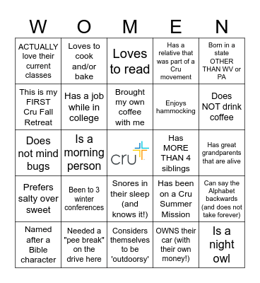 Cru Fall Retreat Women's BINGO! Bingo Card