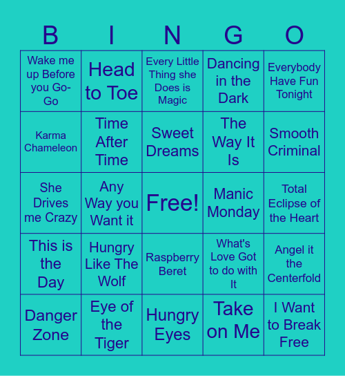 1980's Music Bingo Card