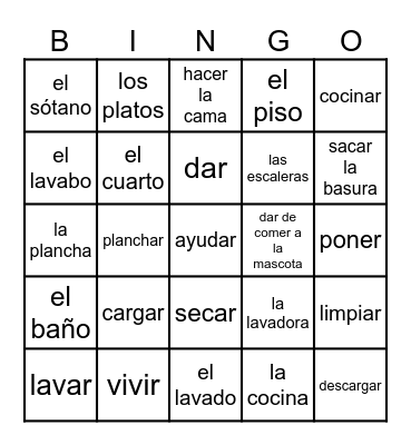 Rooms and Chores Bingo Card