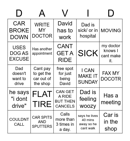 DAVID KELLY BINGO Card