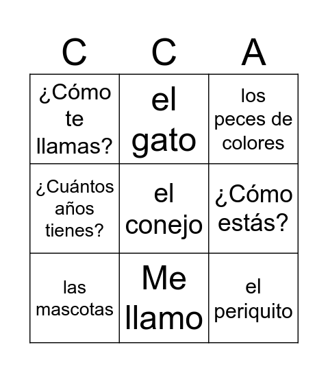 Gr 1 Las Mascotas Bingo Card