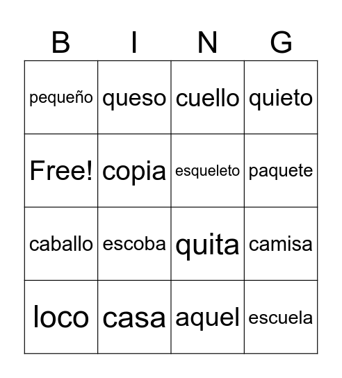 ca que qui co cu Bingo Card