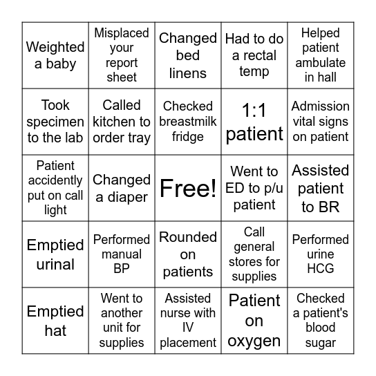 Pediatric Nurse's Week Bingo Card